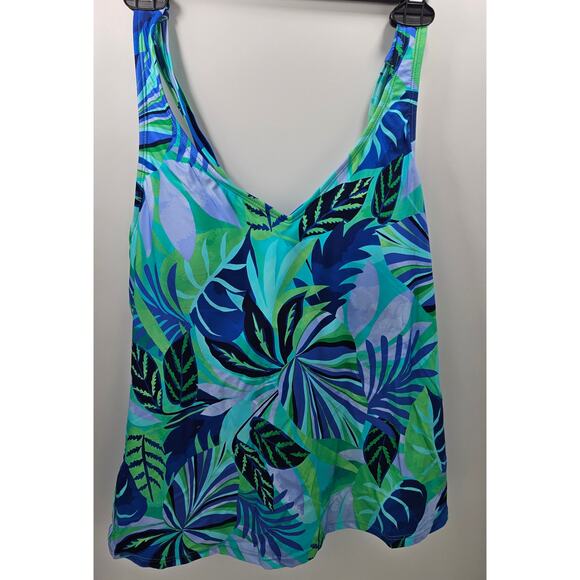 Women's Blue Tropical Leaves Crisscross Scoop Neck Sleeveless Tankini Top - Picture 4 of 6